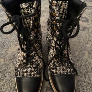 Tory Burch Boucle Tweed Lace-Up Boots